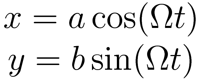 \begin{matrix} x = a \cos(\Omega t) \\ y = b \sin(\Omega t) \end{matrix}