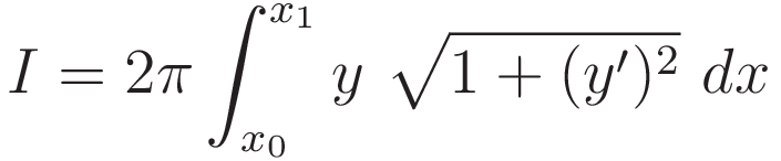 Area = 2 \pi \int_{x_0}^{x_1} y \ \sqrt{1 + (y')^2} \ dx